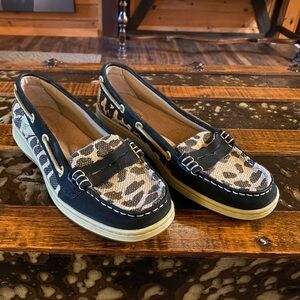 Sperry Black and Tan Leopard Print Loafers